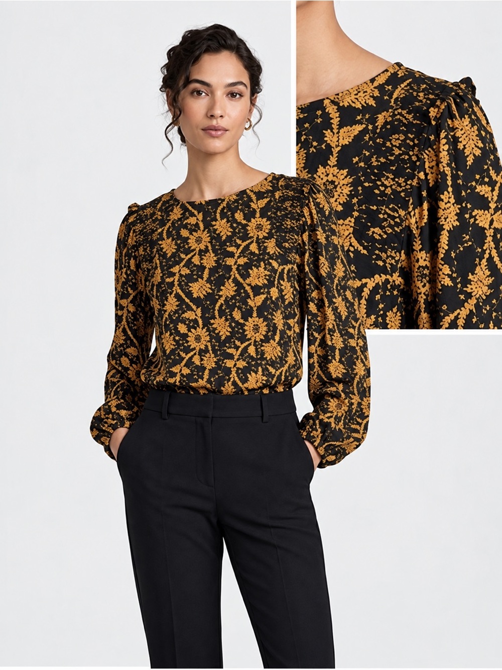 Ann Taylor Black Mustard Floral Puff Sleeve Blouse Large Workwear Office Career